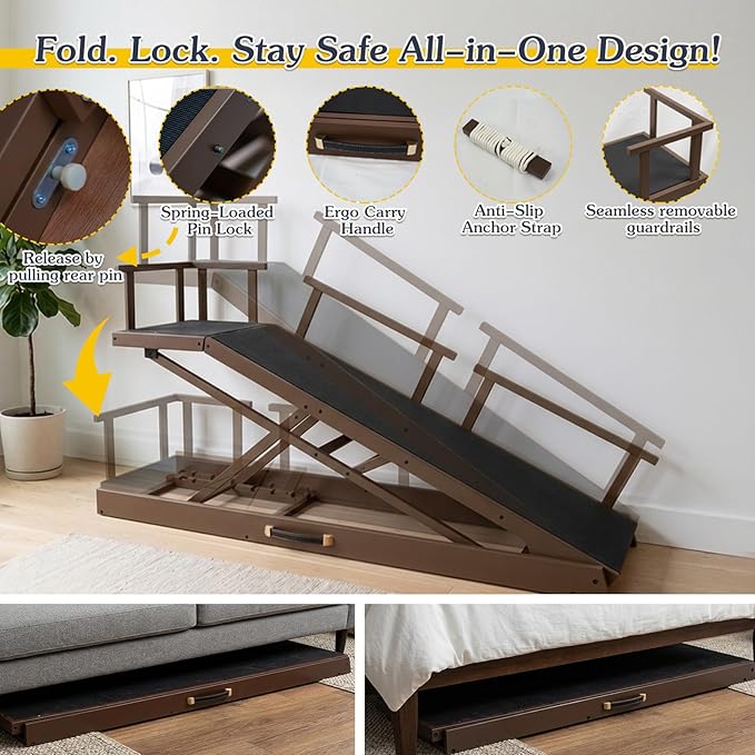 6 Level Height Adjustable Dog Ramp for Bed, Couch 65" Foldable Pet Ramp with Non-Slip Mat，DIY Glow Strips & Rest Platform Heavy Duty Dog Stairs for Large Dogs up to 200Lbs ，Brown