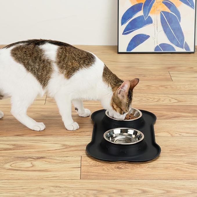 Conlun Dog Bowls with Silicone Feeding Mat, No Spill Food Water Dish Set, Dishwasher Safe, 2 Stainless Steel Puppy Bowls, Suitable for Tiny Dogs Kittens Cats Rabbits Pets under 8lbs, Extra Small,Black