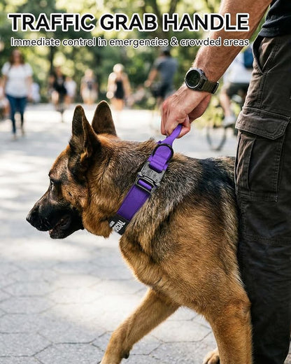 Joytale Tactical Dog Collar with Handle and Metal Buckle, Heavy Duty Padded Military Collar with 2 Patches for Training, Adjustable for Large Dogs, Purple, L