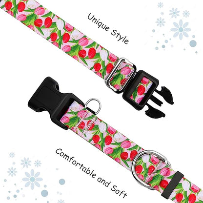 Martingale Collar for Dogs with Buckle Floral No Pull Adjustable Nylon Limited Slip Training Dog Collars (Pink Tulip, Medium)