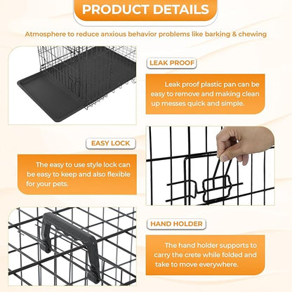 PayLessHere Small Dog Crate Kennel 24 inches Metal Dog Cage Double-Door Folding Travel Indoor Outdoor Puppy Playpen with Divider and Handle Plastic Tray,Black