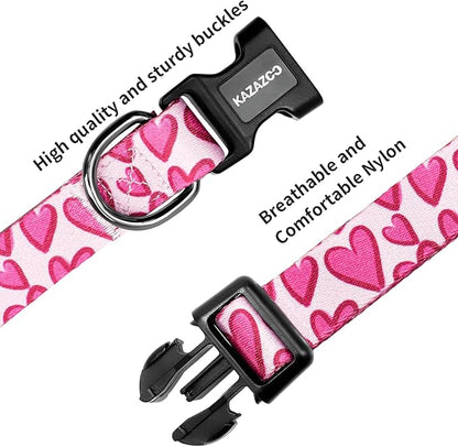 Kazazoo Dog Collar Cute and Soft Nylon Puppy Collar Girl, Adjustable Dog Collars for Small Medium Dogs, Hot Pink Heart-S