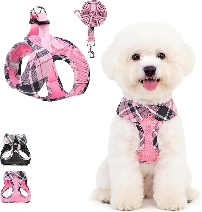 KOOLTAIL Dog Harness and Leash Set, Cute Pink Girl Dog Harness Medium Sized Dog, Step in No Pull Soft Mesh Pet Vest Harness Collar for Dogs Cats, Plaid Puppy Halters for Outdoor Walking, Pink M