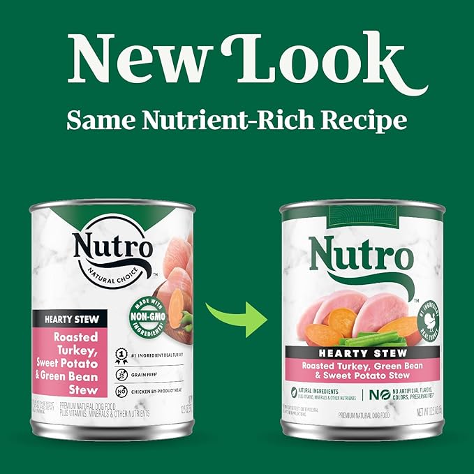 Nutro Hearty Stew Canned Wet Dog Food, Natural Grain Free Dog Food Wet Cuts in Gravy Roasted Turkey with Green Bean & Sweet Potato Stew, 12.5 oz. Cans (12 Count, Pack of 1)