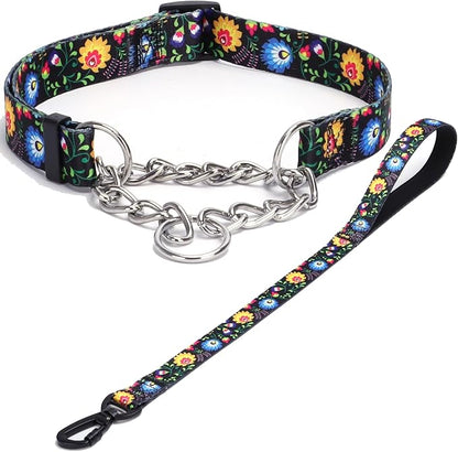 Martingale Dog Collar and Leash Set, Stainless Steel Chain, No Pull Training Collar with Flower Design, for Small, Medium, Large Dogs (NO22, S)