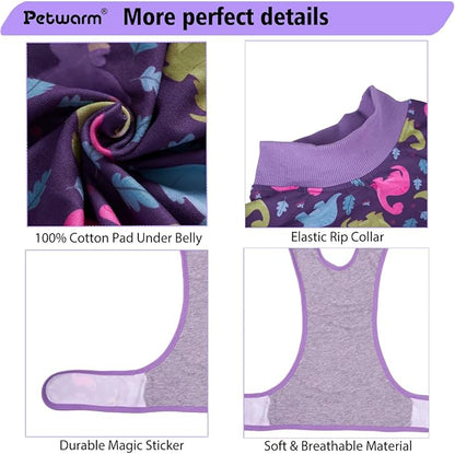 PetWarm Dog Post Surgery Suit Female Spay, Pet Recovery Suit for Dogs, Onesies for Dogs, Substitute E-Collar and Cone, Anti-Licking Dog Onesie for Surgery Female, Dinosaur Pattern, Purple, XS