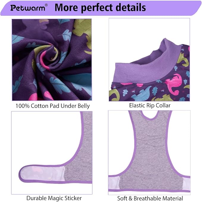 PetWarm Post Surgery Dog Onesie Male, Dog Coat's Inner Clothes, Substitute E-Collar and Cone, Pet Surgery Recovery Suit, Anti-Licking Dog Surgery Recovery Suit Soft, Dinosaur Pattern, Purple, 2XL