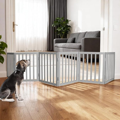 ZJSF Freestanding Indoor Dog Gate for House Foldable Wood Grey Puppy Gate for Doorways Pet Gate for Stairs Extra Wide Pet Fence 24" Height 6 Panels