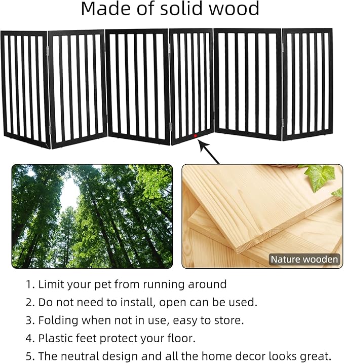 ZJSF Freestanding Indoor Dog Gate for House Foldable Wood Black Puppy Gate for Doorways Pet Gate for Stairs Extra Wide Pet Fence 32" Height 6 Panels