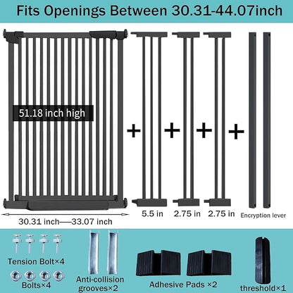 SHYUJAJIE 51.18 Inch Extra Tall Pet Gate, 29.5-43" Adjustable Wide Auto Close Dog Gates, Pressure Mounted Walk Through Tall Cat Gate for Doorways,Hallway,Stairs（Black）