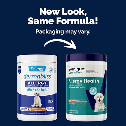 Vetnique DermaBliss Dog Allergy Chews for Seasonal Allergy Itch Relief, Skin & Gut Health with Probiotics and Omega 3 Blend - Advanced or Regular Strength (120ct, Regular Strength Chews)