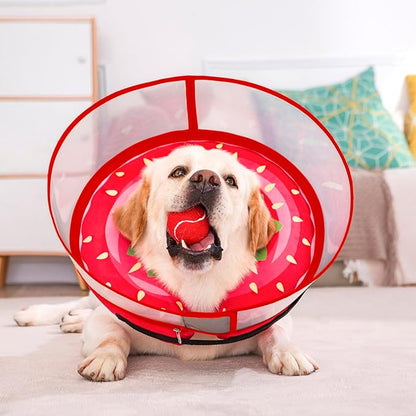 Inflatable Dog Cone Collar for Large Medium Small Dogs, Soft Dog Donut Collar Adjustable Recovery Cone for Pets After Surgery, Extra Enhanced Anti-Licking Guard Shield for Pets (Large, Strawberry)