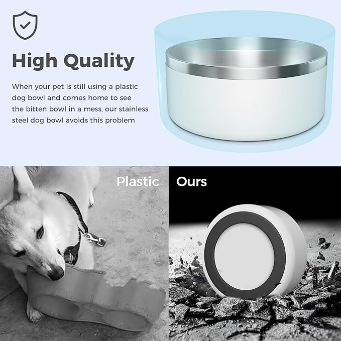 WENBOKMIN Dog Bowl, Stainless Steel Dog Food and Water Bowl with Non Slip Quiet Bottom, Easy to Clean, Dishwasher Safe, 64oz, White