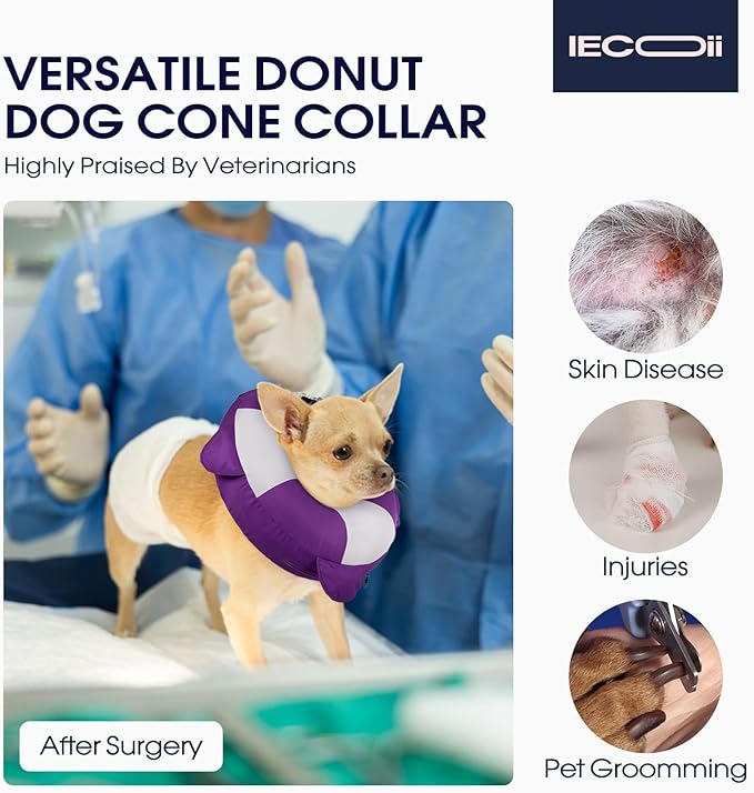 IECOii Inflatable Dog Pillow Cone Collar Alternative, Adjustable Neck Donut Cone for Dog After Surgery Prevent from Biting & Licking, Soft Blow Up Dogs Head Cone Recovery E Collar for Medium Dogs, L