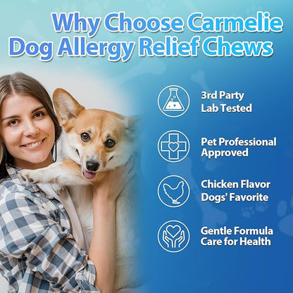 Carmelie Dog Allergy Chews 200 Chews - Dog Itching Skin Relief & Yeast - Itchy Skin and Ears & Anti Licking Paw Relief, Seasonal Allergies, Probiotics Gut Digestive, Skin & Coat Immunity - Chicken