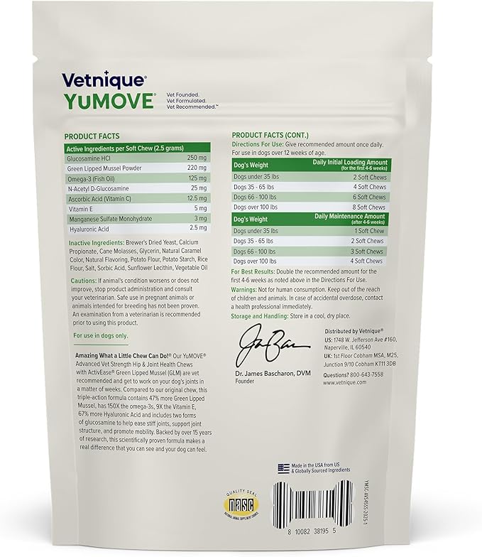 YuMOVE Hip & Joint Supplement for Dogs with Glucosamine, Hyaluronic Acid, Green Lipped Mussel & Omega 3 Joint Supplement - Regular or Advanced Strength (45ct Chews, Advanced Strength)
