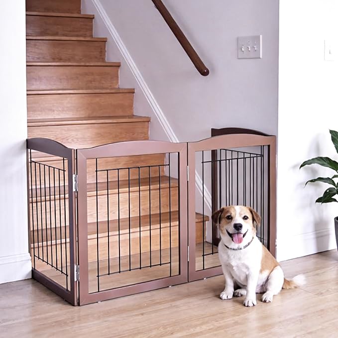 ZJSF Freestanding Foldable Dog Gate for House Extra Wide Wooden Brown Puppy Gate Stairs Dog Gates Doorways Tall Pet Gate 24 "Height 6 Panels Pet Fence