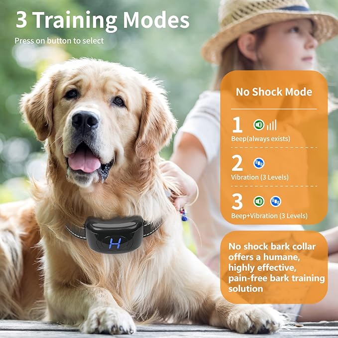 2 Pack No Shock Vibration Bark Collar for Large & Medium Dogs - Safe & Humane Dog Bark Collar with Beep & Vibration, 3 Adjustable Sensitivity Levels, 100% IPX7 Waterproof Black and Black