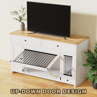 63" Dog Crate Furniture with 2 Drawers & Cabinets, Heavy Duty Wooden Dog Kennel TV Stand for Medium/Large Dogs, Dog Kennel Indoor Dog Cage with Storage, Decorative Pet Crate Sideboard, White