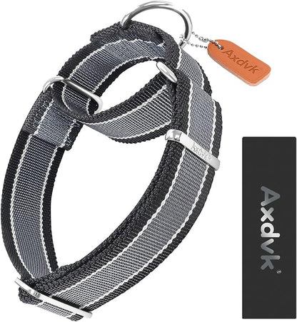 Martingale Collar 1.5 Inch Wide 1600D Extra Strong Anti Escape Nylon Dog Collar, No Pull Heavy Duty Pet Collars with 3-Color Stripe for Large to XLarge Dogs(XL, Gray Blue & Black)