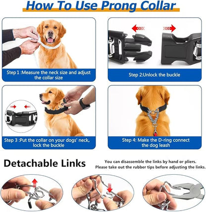 Prong Collar for Medium Dogs with Nylon Cover, Dog Pinch Collar,Dog Training Collar,High Strength Quick Release Buckle,Comfort Rubber Tips (Black，3.0mm, 20-Inch)
