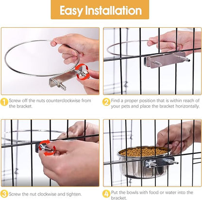 2 Pcs Large Pet Dog Food Water Bowl for Cage Stainless Steel Non-Spill Kennel Hanging Cats Bowls with Clamp Holder Crate Feeder Dish for Medium Large Dogs Huge Pets (7.1x3.5'' & 6.3x2.6'')