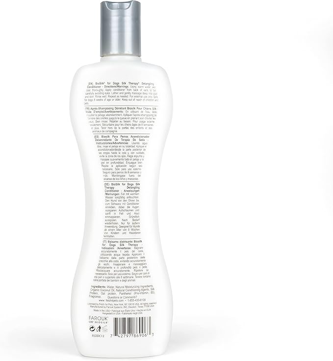 BioSilk for Dogs Silk Therapy Dog Detangling Conditioner, Dog Coat Conditioner to Help Smooth Knots and Tangles and Support Soft Manageable Coats during Routine Grooming, 12 Fl Oz
