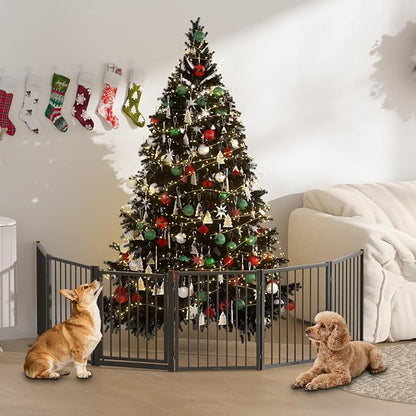 SNUOWU Full Metal Freestanding Dog Gate with Door, 24'' Height Foldable Pet Dog Fence for Indoor & Outdoor, 6 Panels Extra Wide Free Standing SmallDog Gates for Doorways,House,Stairs,Porch,Deck,Yard