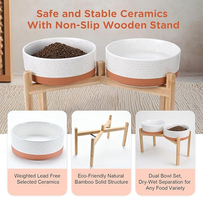 SPUNKYJUNKY Elevated Dog Bowls Ceramic, 8.3'' Dogs Food Water Bowls Raised with Non-Slip Bamboo Stand for Large Sized Breed Microwave Dishwasher Safe - 60 OZ,Pattern White