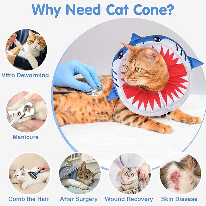 BEAUTYZOO Cat Cone Collars Soft, Cat Recovery E Collars After Surgery to Stop Licking, Adjustable Elizabeth Circle Collar Cute Pet Donut Pillow for Cats Kitten Small Dogs, Cute Shark S