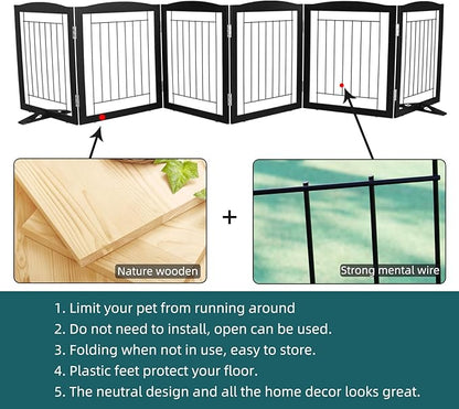 ZJSF Freestanding Dog Fence Indoor, Foldable Dog Gate for Doorways, Stairs or Hallways, Sturdy Wood Extra Wide Pet Gate with Support Feet for The House, Black, 24 "Height-6 Panels