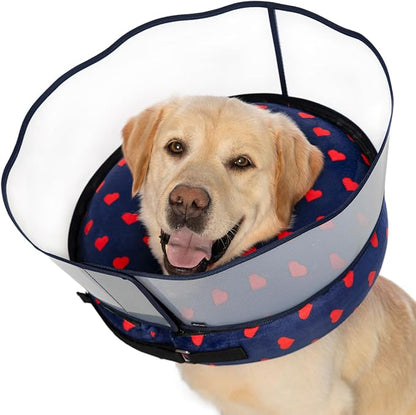 Inflatable Dog Cone Collar with Enhanced Anti-Licking Shield – Soft Adjustable Recovery Collar for Dogs & Cats After Surgery – Fits Large, Medium, Small Pets (Blue Love, Medium)