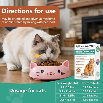 Cat Dewormer for Cats & Kittens –Broad Spectrum Triple Wormer Tablets with Praziquantel & Pyrantel Pamoate for Tapeworms, Roundworms & Hookworms, 48 Tablets