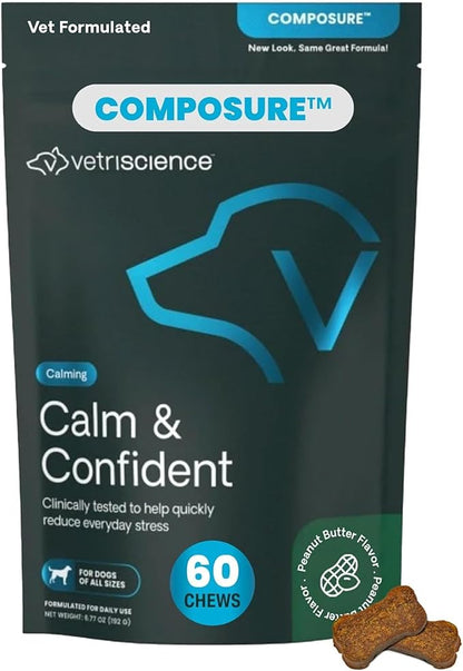 VetriScience Clinically Tested Composure Calm & Confident Chews - Supplement for Dogs with Anxiety, Stress & Fear with L-Theanine for Thunderstorms, Fireworks or Travel, Peanut Butter, 60 Count