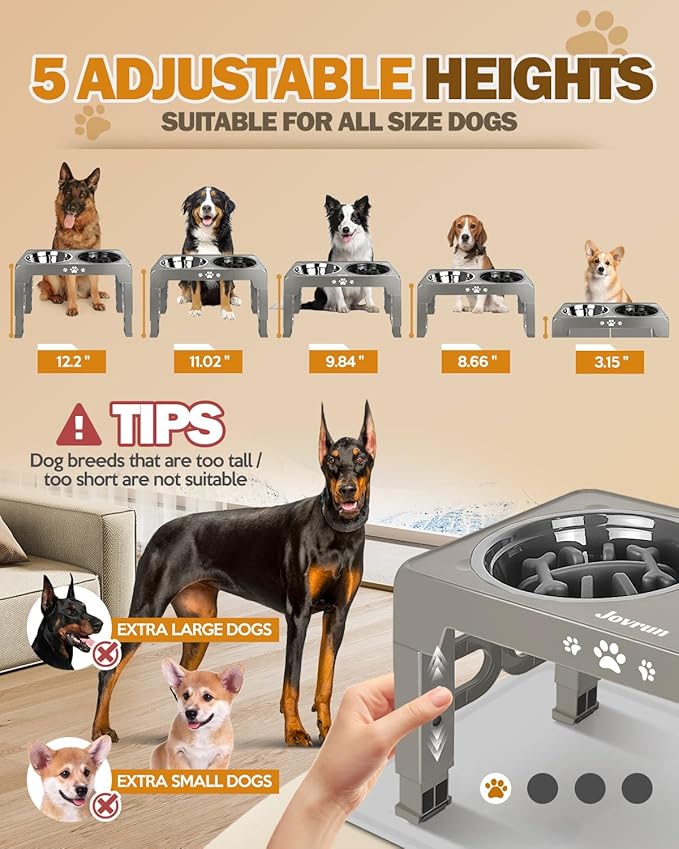 Jovrun Elevated Dog Bowls for Medium Size Dogs with Mat, Non-Slip Dog Feeder with 1*Stainless Steel Dishes & 1*Slow Feeder Bowl, 5 Heights Adjustable Raised Bowls for 3.15″-8.66″-9.84″-11.02″-12.2″