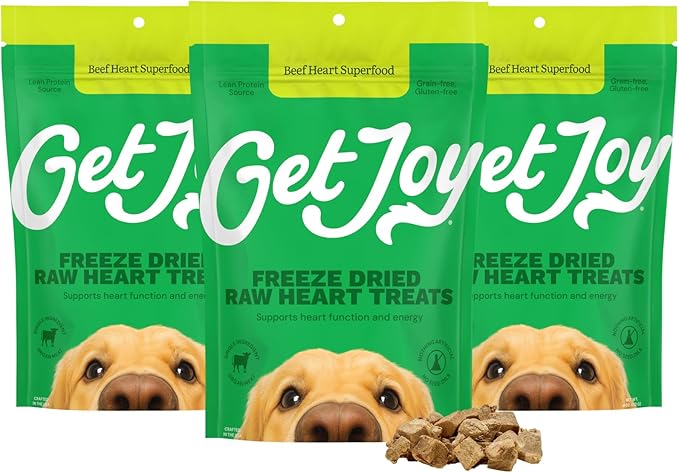 Get Joy Freeze Dried Dog Treats, 100% Beef Heart, 4 Ounce Bag (Pack of 3), Single Ingredient Organ Meat, High Protein, Heart Health, Energy, Grain Free, Gluten Free, Made in USA