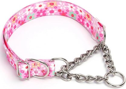 Martingale Dog Collar with Steel Chain- No Pull Escape-Proof Training Choker for Medium, Large & XL Dogs | Heavy Duty Anti-Slip Cinch Collar for Large Breed Pets, Pink (Size M)