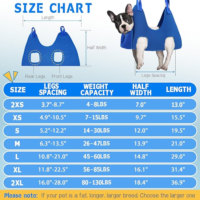 Supet Dog Grooming Hammock Harness for Dogs Cats, Relaxation Pet Nail Clipper Hammock, Restraint Dog & Small Animal Leashes Sling for Groomingk for Nail Trimming (Blue, XS)