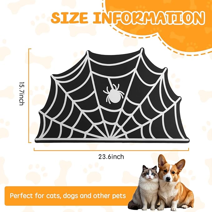 Dog Cat Food & Water Mat, Spider Web Pet Feeding Mat for Floor Non-Slip Waterproof, Super Absorbent Quick Dry Placemat Pet Food Bowl Mat, Halloween Decor, Pets Accessories Indoor (16 * 24 in)