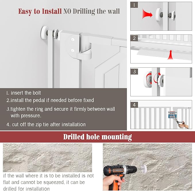 Glaf Extra Tall Pet Gate 63" Pressure Mounted Cat Door Safety Metal Cat Gate Adjustable Width Dog Gate Auto-Close Dog Door for Doorways, Stairs, Kitchen, Hallway (White, 33.86-37.4")