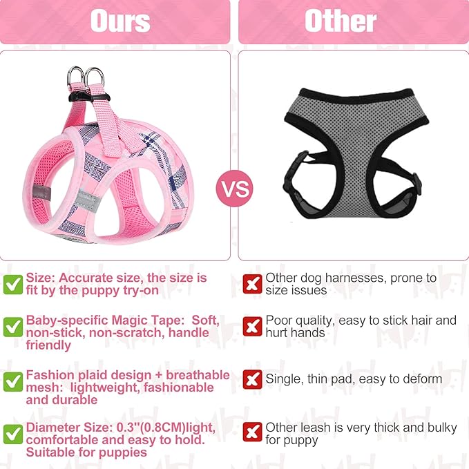 BEAUTYZOO Small Dog Harness and Leash Set,Step in No Choke No Pull Soft Mesh Dog Harnesses Reflective for Extra-Small/Small Medium Puppy Dogs and Cats, Plaid Dog Vest Harness for XS S Pets, Pink XXS