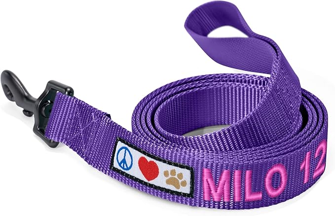 Pawtitas Personalized 6 ft Purple Dog Leash XXS/Cat Custom Name and Phone Embroidery Strong Nylon Leash for Small Breeds