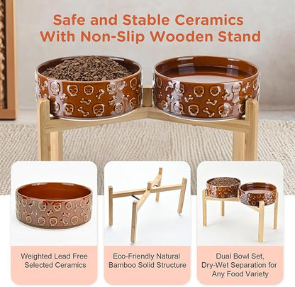 SPUNKYJUNKY Elevated Dog Bowls Ceramic, 8.3'' Dogs Food Water Bowls Raised with Non-Slip Bamboo Stand for Large Sized Breed Microwave Dishwasher Safe - 60 OZ,Skull Bronze