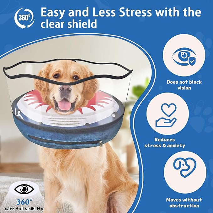 Inflatable Dog Cone Collar Soft Dog Cone Alternative After Surgery to Stop Licking for Large Medium Dogs Recovery Donut Cone Adjustable Neck Collar with Enhanced Anti-Licking Guard Shield,Shark Blue,L