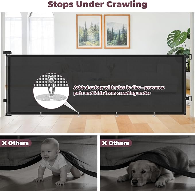 96" Retractable Baby Gates Large Openings, Extra Wide Mesh Dog Gate for Garage Deck Porch, Strong Suction Disc Prevent Crawling Under, 34" Tall Long Safety Gate for Child Indoor Outdoor, Black
