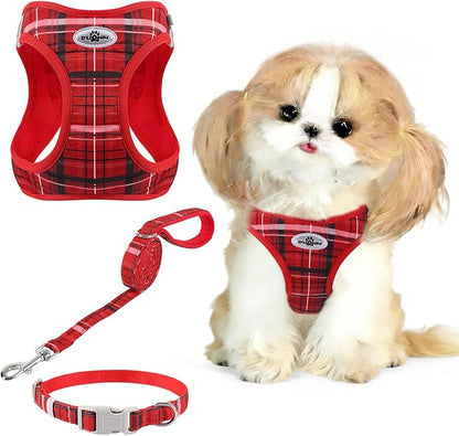 Gyuzh Dog Harness and Leash Set, 3-in-1 Step in No Pull Harness Vest Collar for Small Dogs & Cats, Lightweight Breathable Mesh Reflective Plaid with Padded Handle (Red, L)