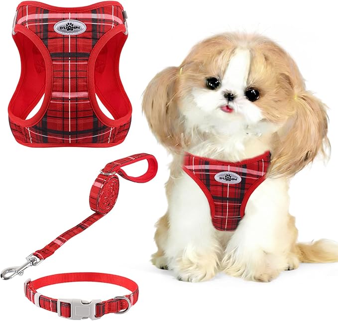 Gyuzh No Pull Dog Harness - 3-in-1 Step in Harness Collar Leash Set for Small Dog Walking & Training, Easy Walk Style, Lightweight Plaid Vest (Red, M)