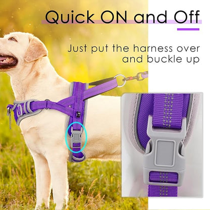 ADVENTUREMORE No Pull Dog Harness for Large Dogs, Sport Dog Halter Harness Reflective Breathable Dog Vest Escape Proof Dog Harness with Easy Control Front Clip Handle for Training Walking L Purple