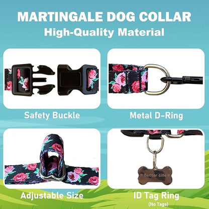 Martingale Collar for Dogs Pink Floral Dog Collars for Small Dogs with Buckle Girl Female Soft Nylon Dog Collar (Black Pink Rose, S)