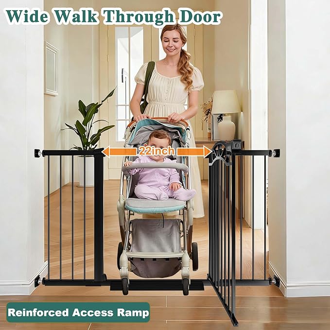 Fairy Baby 62.6"-65.3" Extra Wide Baby Gate with Door, 63 64 65 Inches Walk THR Baby Gates for Stairs Pressure Mounted no Drill, Indoor Tension Metal Child Pet Dog Safety Gate for Kids, Black